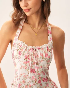 Pink Floral Halter Midi Dress