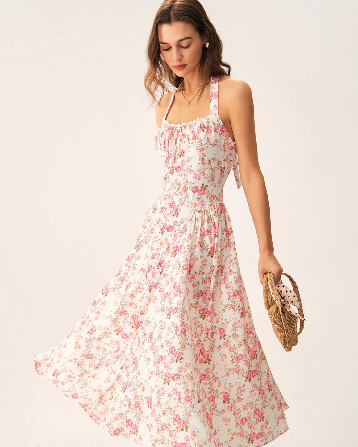 Pink Floral Halter Midi Dress