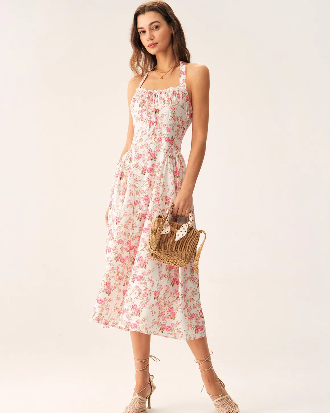 Pink Floral Halter Midi Dress