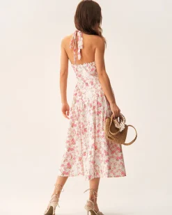 Pink Floral Halter Midi Dress
