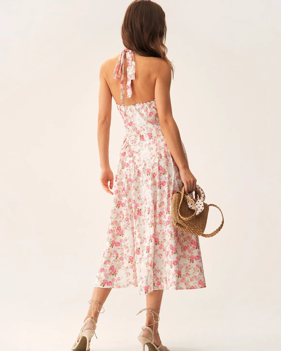 Pink Floral Halter Midi Dress