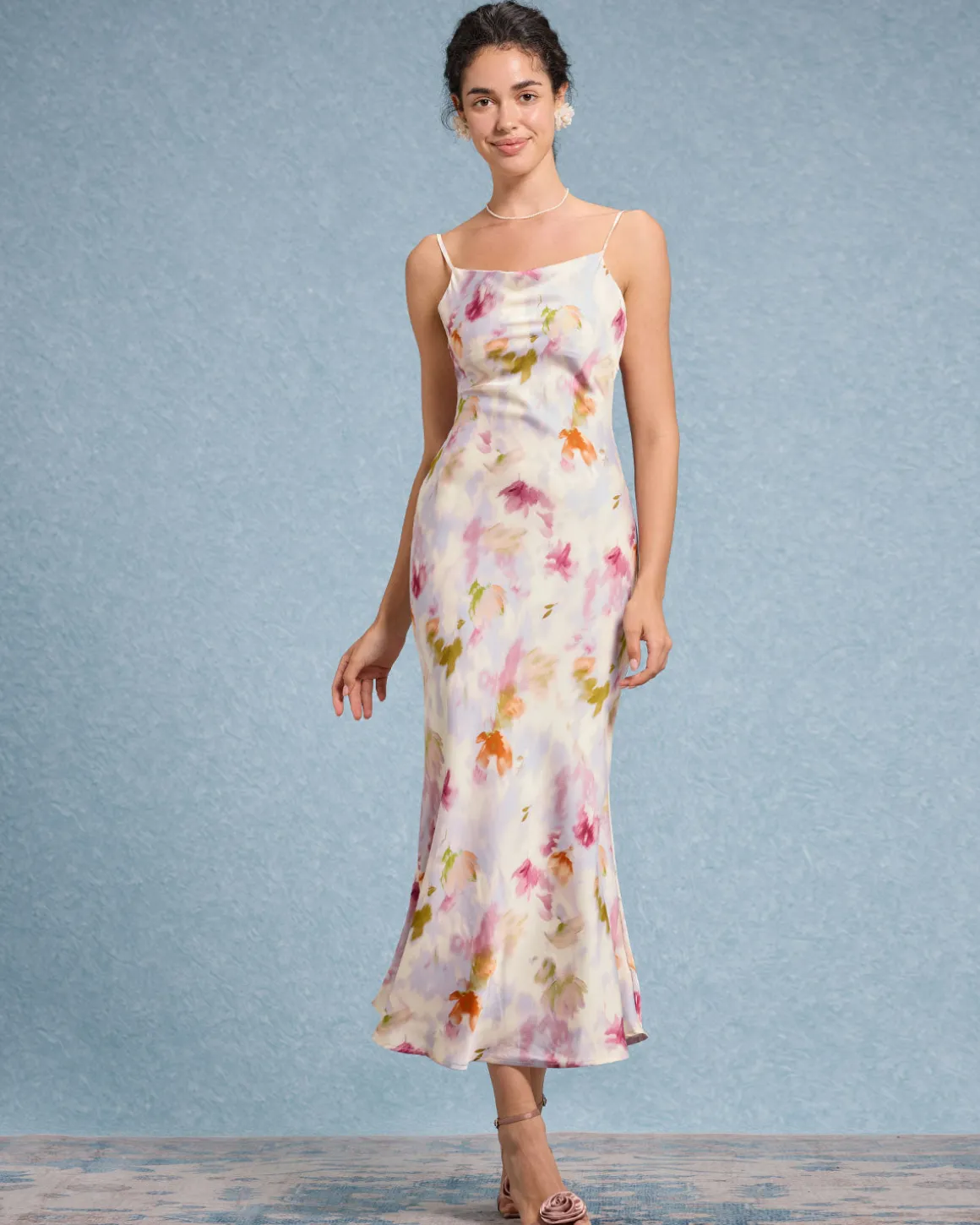 Pink Floral Mermaid Slip Midi Dress