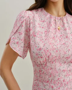 Pink Floral Round Neck Pleated Mini Dress