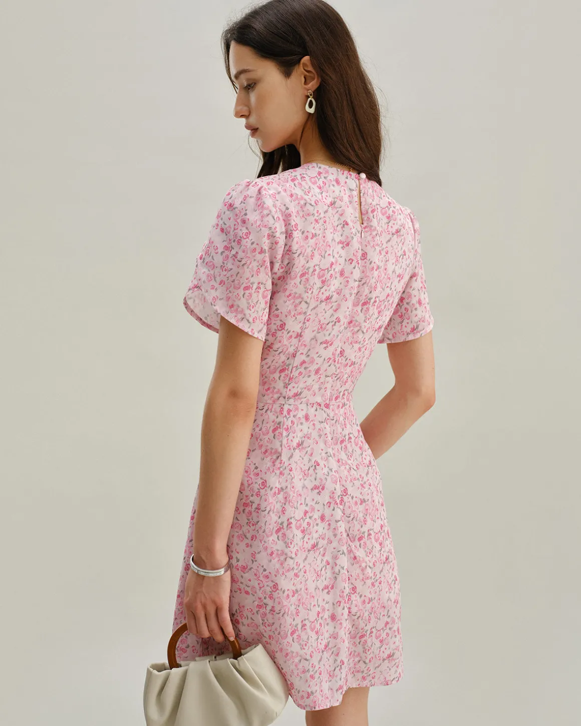 Pink Floral Round Neck Pleated Mini Dress