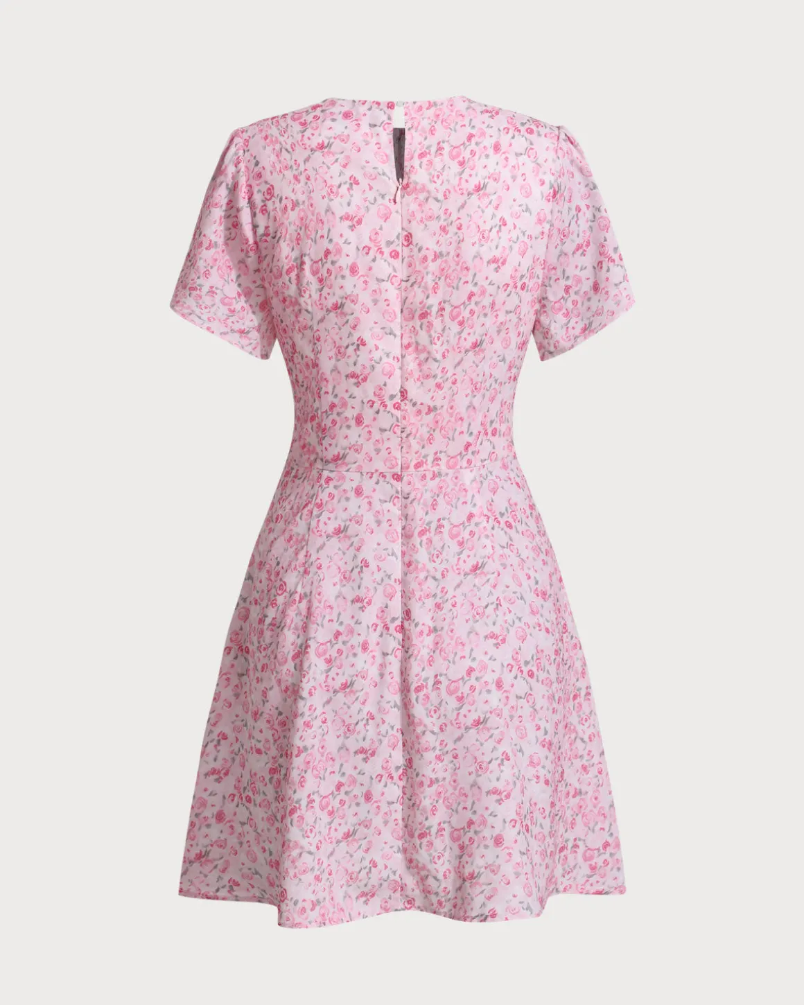 Pink Floral Round Neck Pleated Mini Dress
