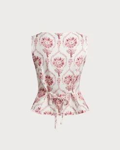Pink Floral Round Neck Vest