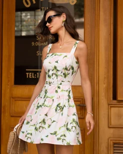 Pink Floral Ruched Belted Slip Mini Dress