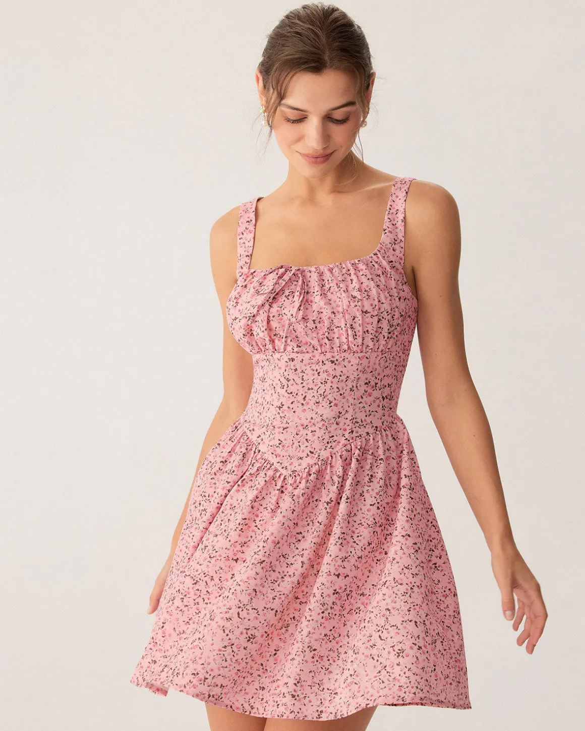 Pink Floral Ruched Corset Slip Mini Dress