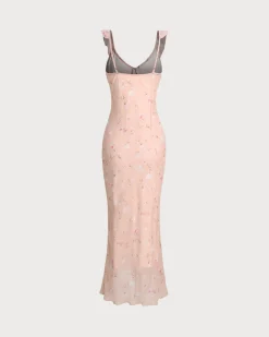 Pink Floral Ruffle Slip Midi Dress