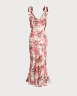 Pink Floral Ruffle Tie Strap Midi Dress