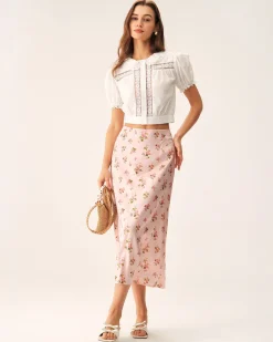 Pink Floral Satin Straight Midi Skirt