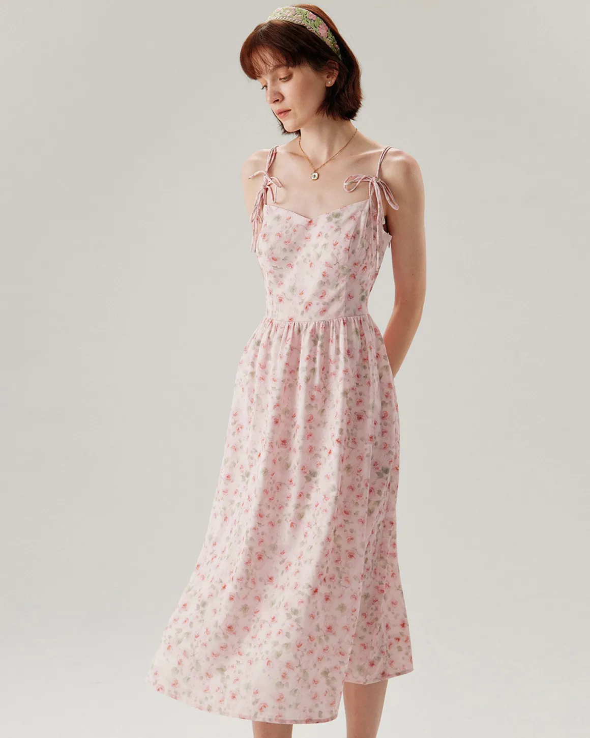 Pink Floral Shirred Slip Midi Dress