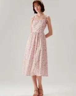 Pink Floral Shirred Slip Midi Dress