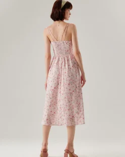 Pink Floral Shirred Slip Midi Dress