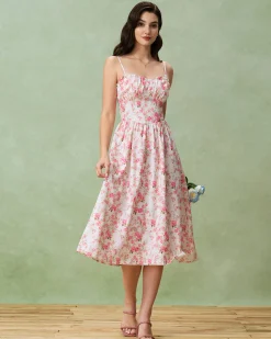 Pink Floral Sweetheart Neck Shirred Slip Midi Dress