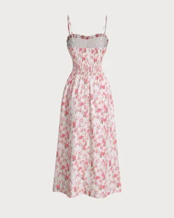Pink Floral Sweetheart Neck Shirred Slip Midi Dress