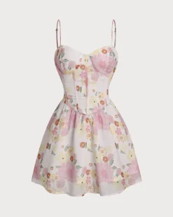 Pink Floral Sweetheart Neck Slip Mini Dress