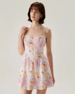 Pink Floral Sweetheart Neck Slip Mini Dress