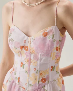 Pink Floral Sweetheart Neck Slip Mini Dress