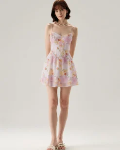 Pink Floral Sweetheart Neck Slip Mini Dress