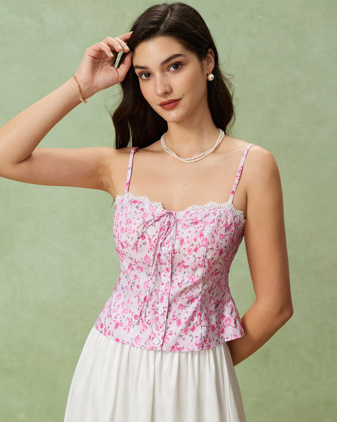 Pink Floral Sweetheart Neck Cami Top