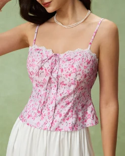 Pink Floral Sweetheart Neck Cami Top
