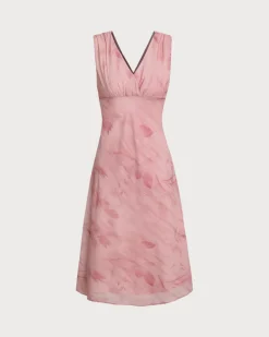 Pink Floral V Neck Sleeveless Midi Dress
