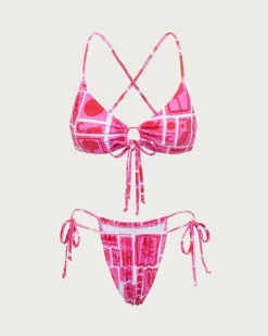 Pink Geometric Ruched Bikini Set