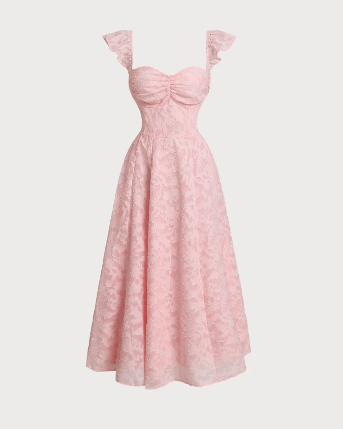 Pink Jacquard Ruched Square Neck Midi Dress