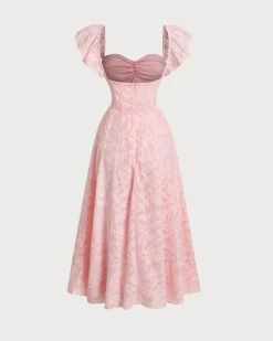 Pink Jacquard Ruched Square Neck Midi Dress