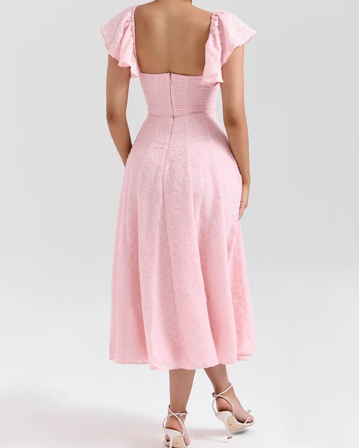 Pink Jacquard Ruched Square Neck Midi Dress