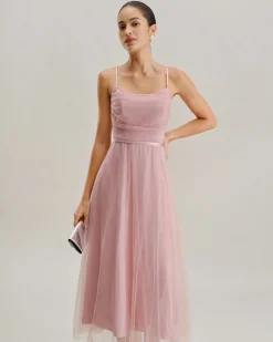 Pink Mesh Flowy Slip Midi Dress