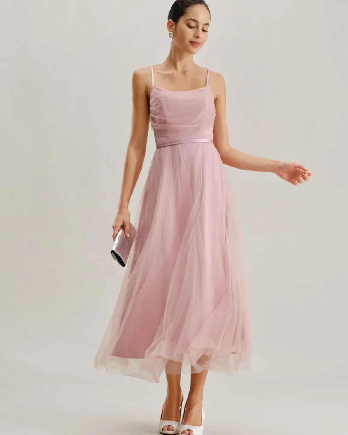 Pink Mesh Flowy Slip Midi Dress