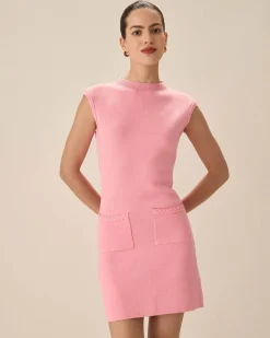Pink Mock Neck Pocket Sweater Dress