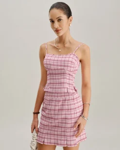 Pink Plaid Straight Mini Skirt