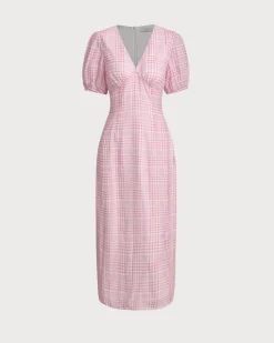 Pink Plaid V-Neck Midi Dress
