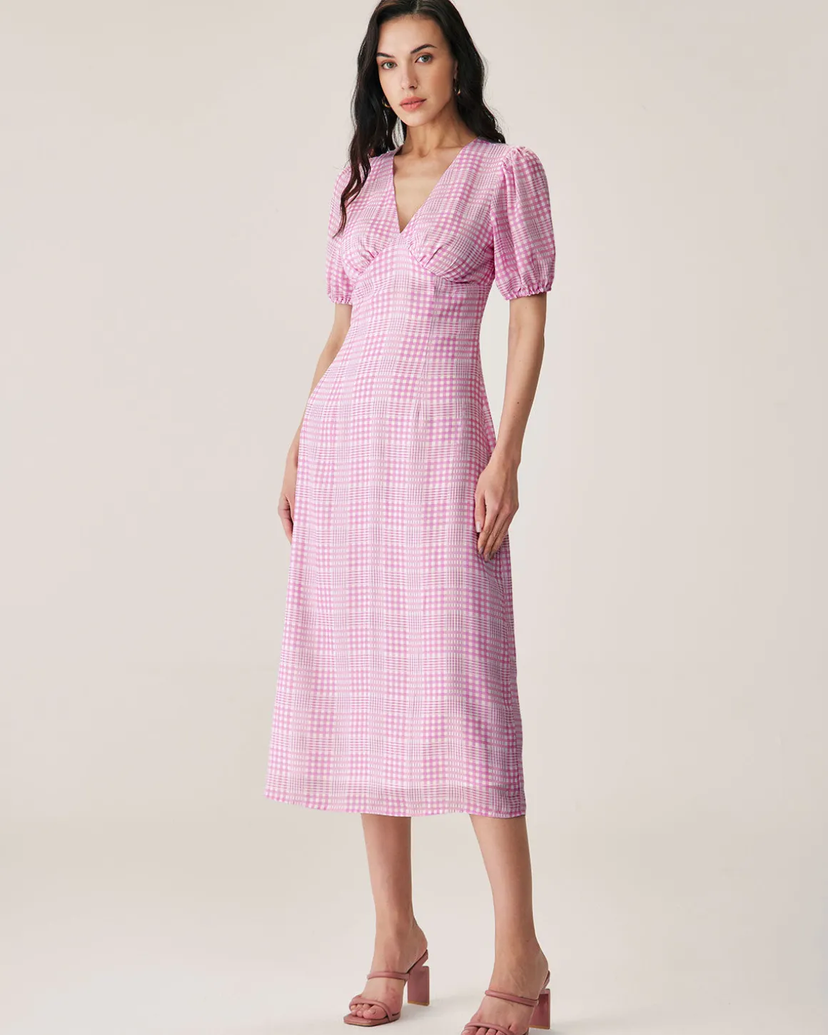 Pink Plaid V-Neck Midi Dress