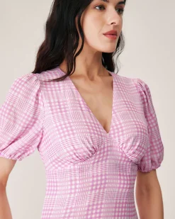 Pink Plaid V-Neck Midi Dress