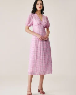 Pink Plaid V-Neck Midi Dress