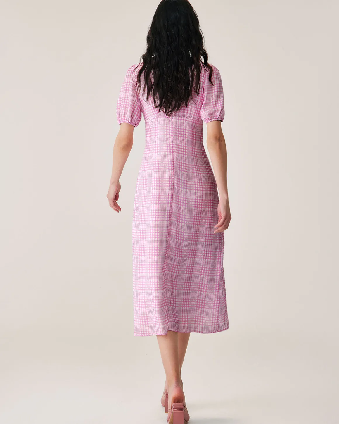 Pink Plaid V-Neck Midi Dress