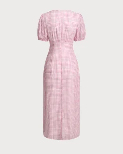 Pink Plaid V-Neck Midi Dress