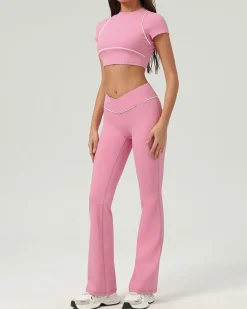 Pink Round Neck Yoga Short Sleeve Top - Light Support