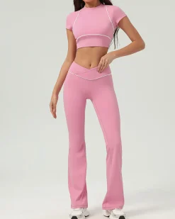 Pink Round Neck Yoga Short Sleeve Top - Light Support