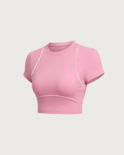 Pink Round Neck Yoga Short Sleeve Top - Light Support