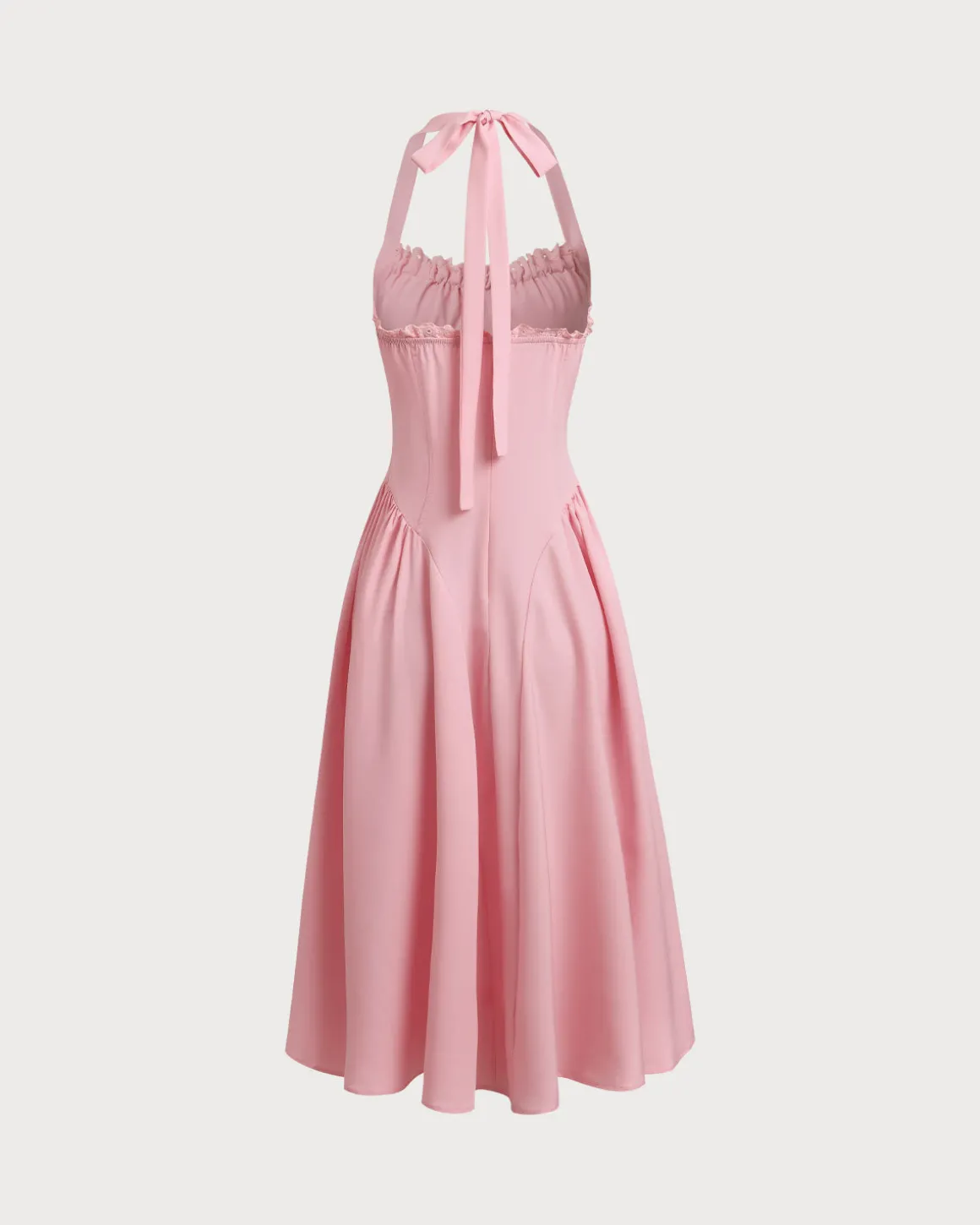Pink Ruched Halter Midi Dress