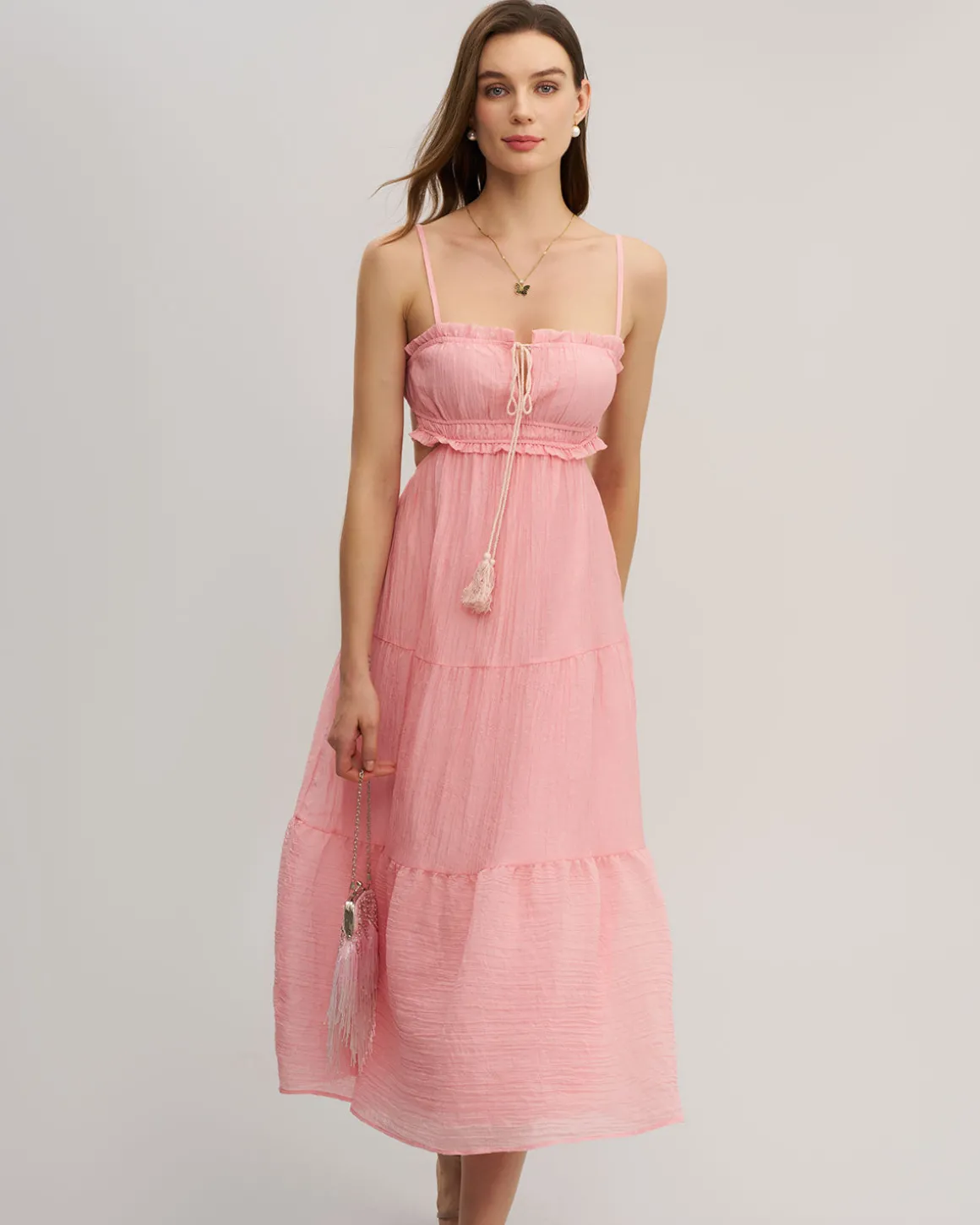 Pink Ruffle Slip Midi Dress