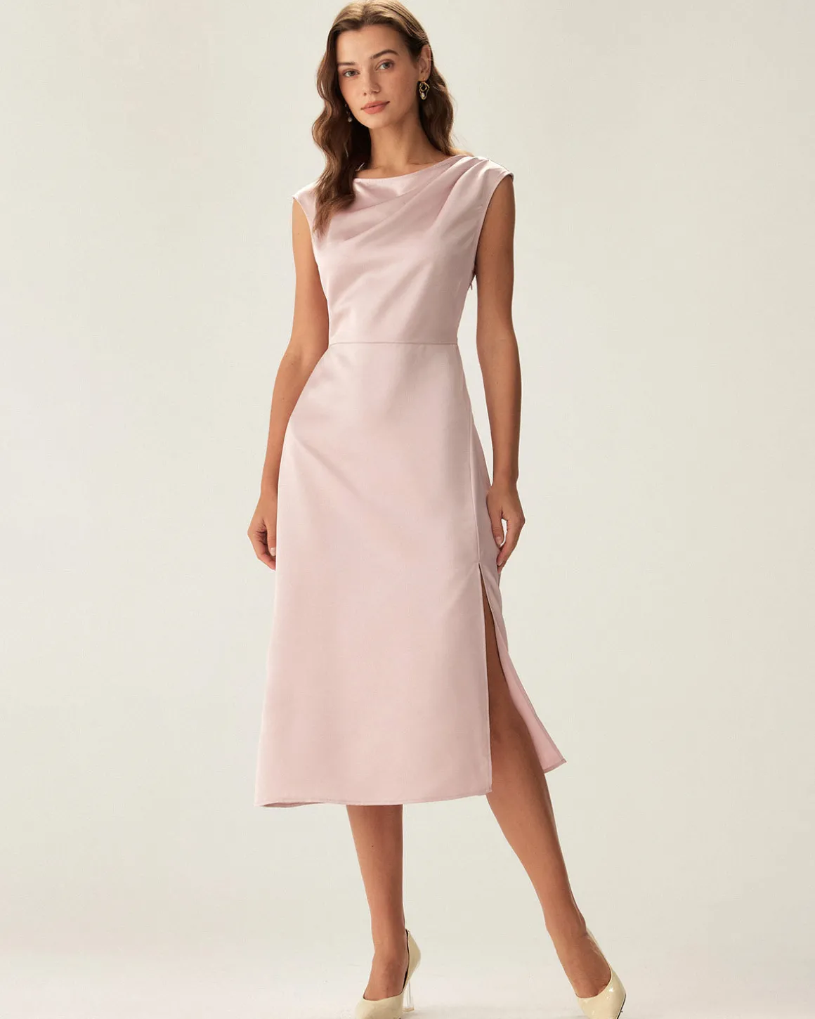 Pink Satin Boat Neck Slit Sleeveless Midi Dress