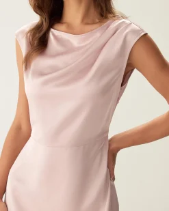 Pink Satin Boat Neck Slit Sleeveless Midi Dress