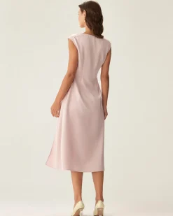 Pink Satin Boat Neck Slit Sleeveless Midi Dress