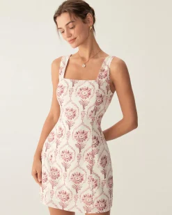 Pink Square Neck Floral Slip Mini Dress